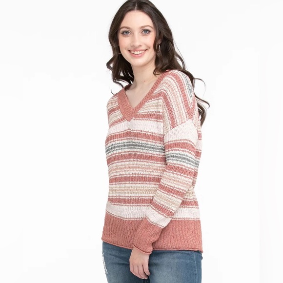 Ricki's Sweaters - Ricki’s Striped Knit Pink V-Neck Casual Sweater Oversized Size Medium